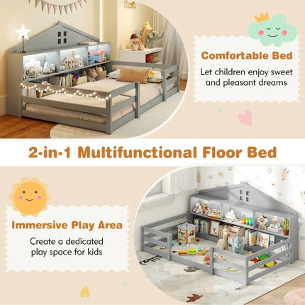Twin Size Montessori Floor Bed with Storage Compartments and Shelf-Gray - Gray - Trundle Bed Frame