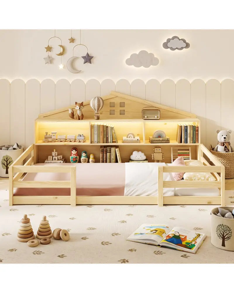 Twin Size Montessori Floor Bed with Storage Compartments and Shelf-Natural - Natural - Trundle Bed Frame