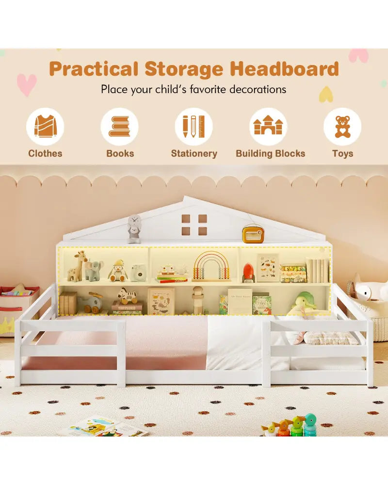 Twin Size Montessori Floor Bed with Storage Compartments and Shelf-White - White - Trundle Bed Frame