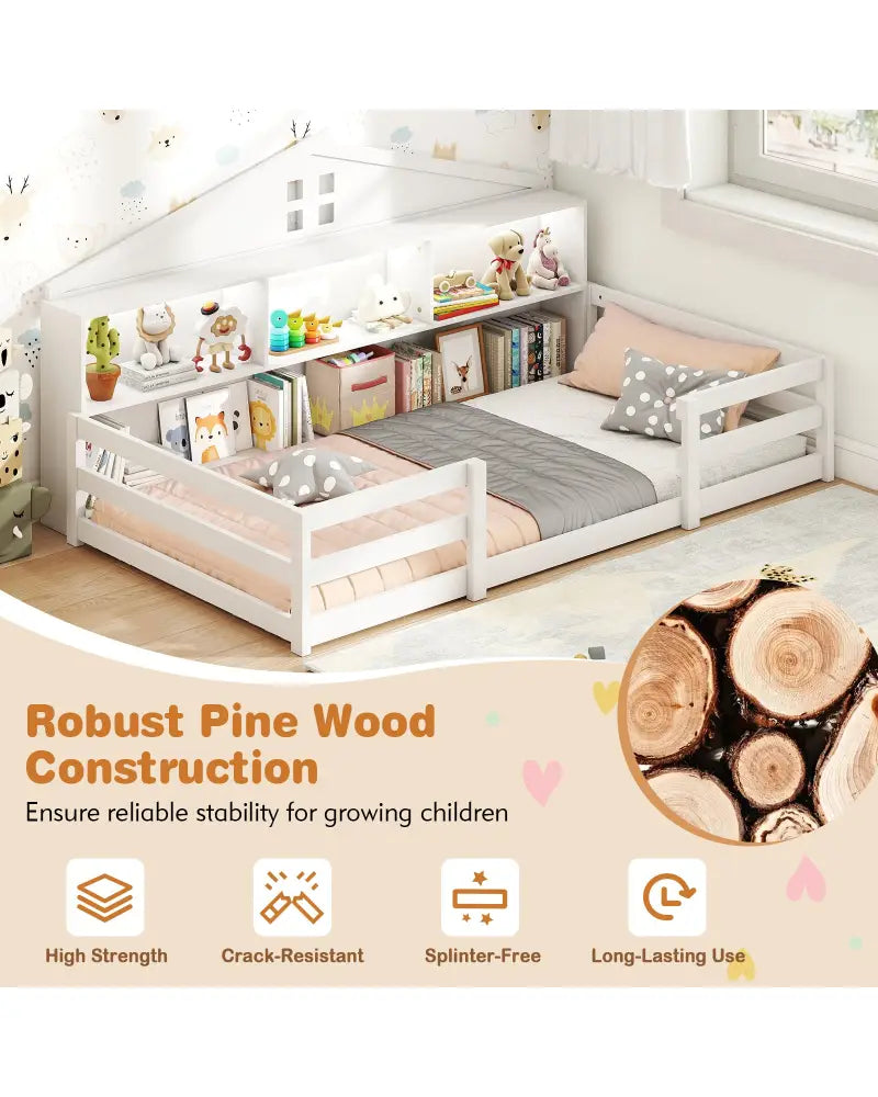 Twin Size Montessori Floor Bed with Storage Compartments and Shelf-White - White - Trundle Bed Frame