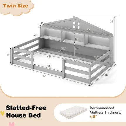 Twin Size Montessori Floor Bed with Storage Compartments and Shelf-Gray - Gray - Trundle Bed Frame
