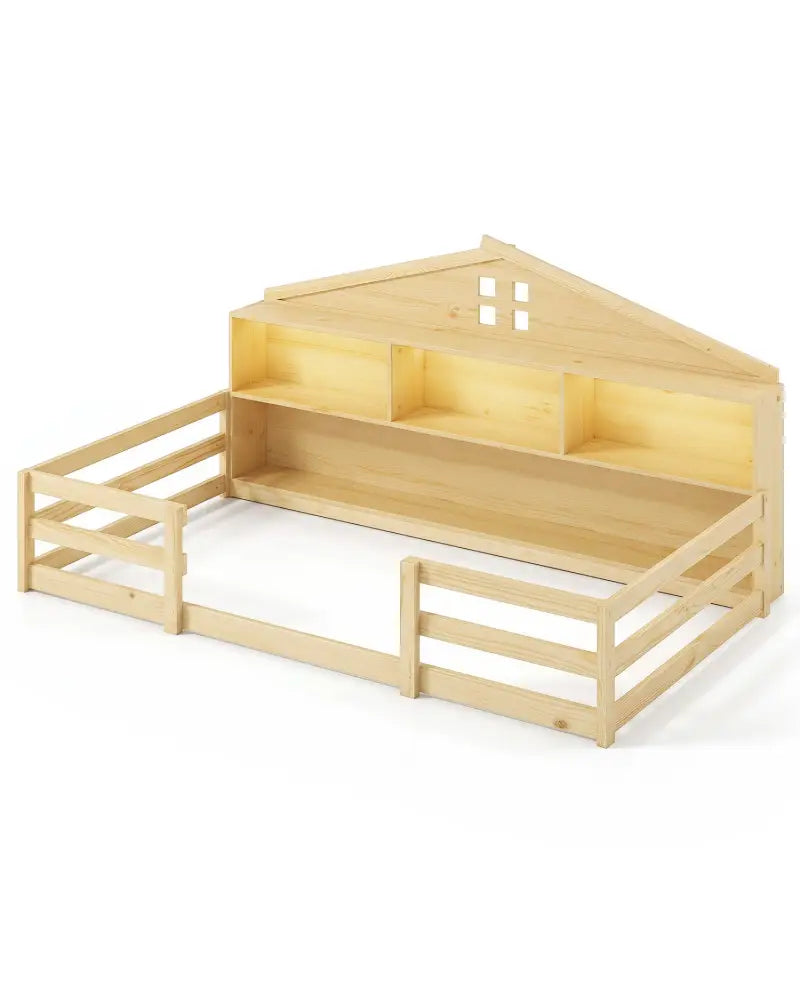 Twin Size Montessori Floor Bed with Storage Compartments and Shelf-Natural - Natural - Trundle Bed Frame