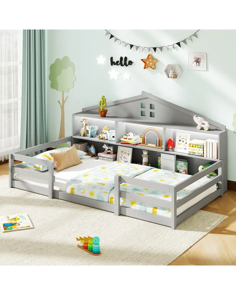 Twin Size Montessori Floor Bed with Storage Compartments and Shelf-Gray - Gray - Trundle Bed Frame