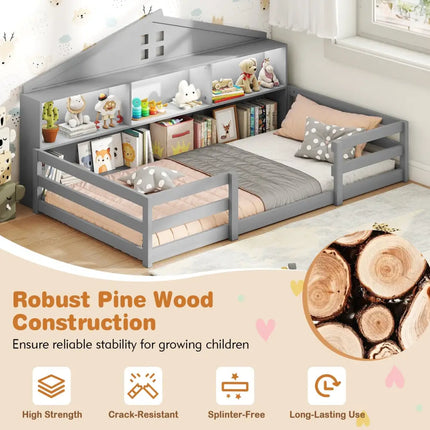 Twin Size Montessori Floor Bed with Storage Compartments and Shelf-Gray - Gray - Trundle Bed Frame