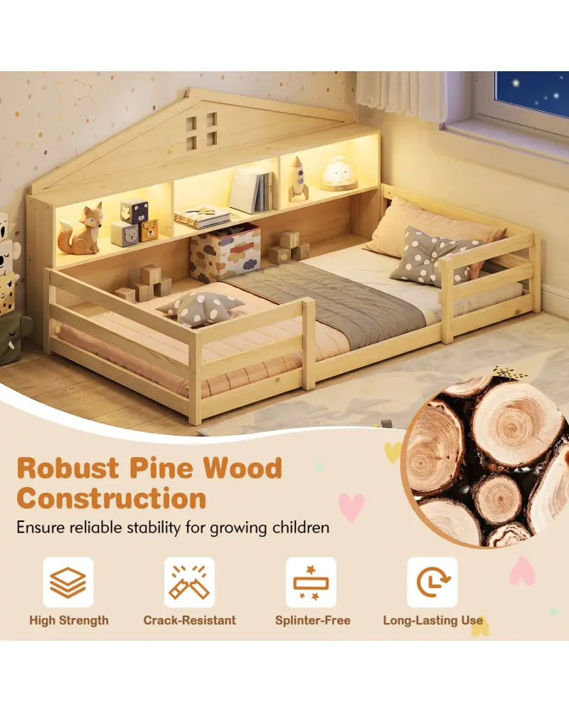 Twin Size Montessori Floor Bed with Storage Compartments and Shelf-Natural - Natural - Trundle Bed Frame