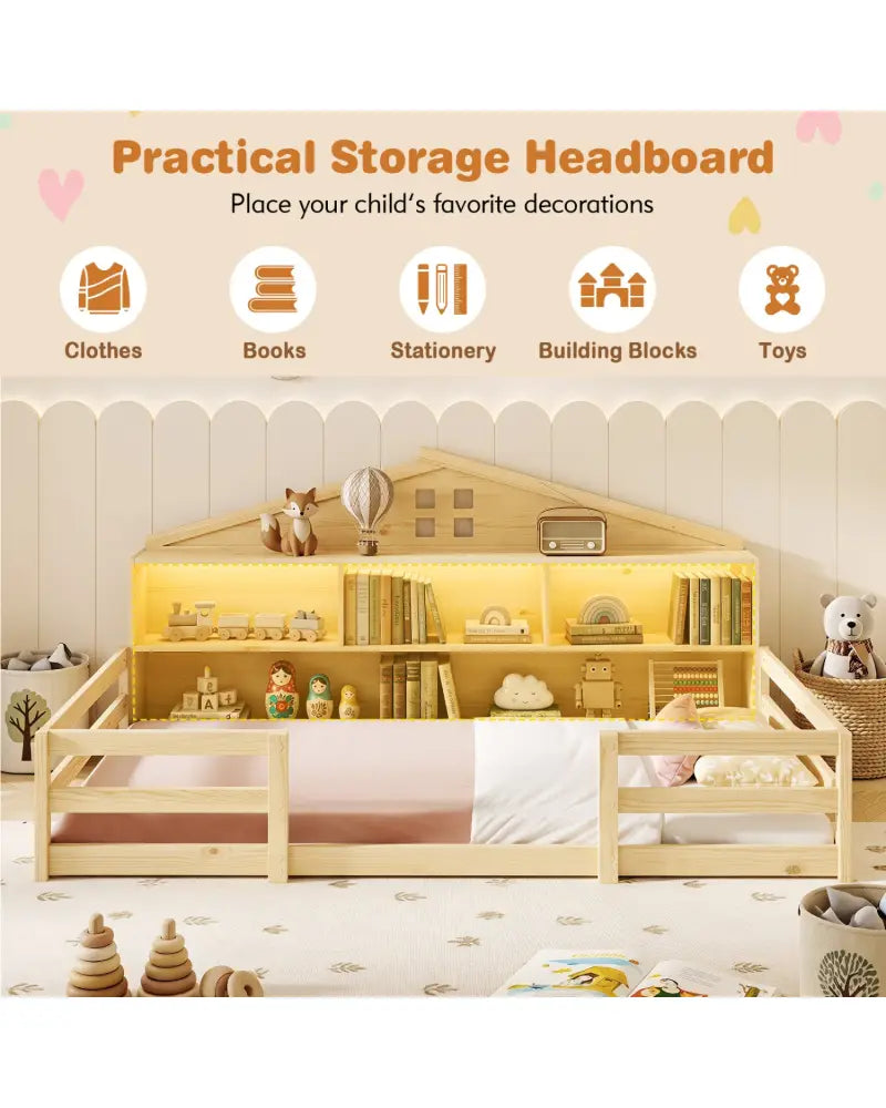 Twin Size Montessori Floor Bed with Storage Compartments and Shelf-Natural - Natural - Trundle Bed Frame