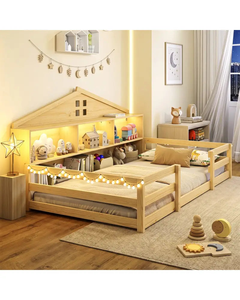 Twin Size Montessori Floor Bed with Storage Compartments and Shelf-Natural - Natural - Trundle Bed Frame