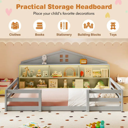Twin Size Montessori Floor Bed with Storage Compartments and Shelf-Gray - Gray - Trundle Bed Frame