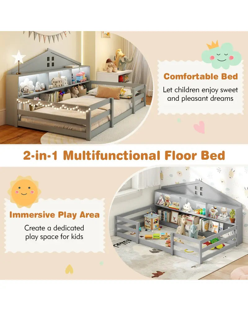 Twin Size Montessori Floor Bed with Storage Compartments and Shelf-Gray - Gray - Trundle Bed Frame
