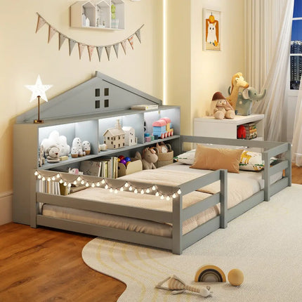 Twin Size Montessori Floor Bed with Storage Compartments and Shelf-Gray - Gray - Trundle Bed Frame