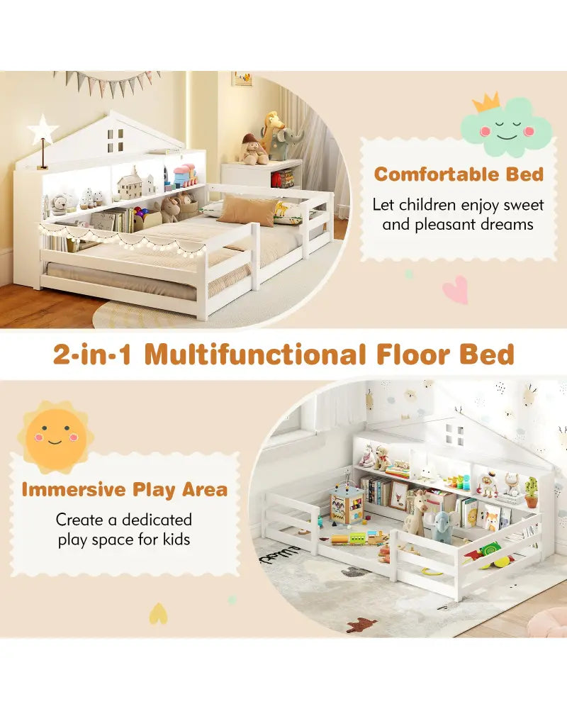 Twin Size Montessori Floor Bed with Storage Compartments and Shelf-White - White - Trundle Bed Frame