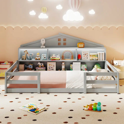 Twin Size Montessori Floor Bed with Storage Compartments and Shelf-Gray - Gray - Trundle Bed Frame