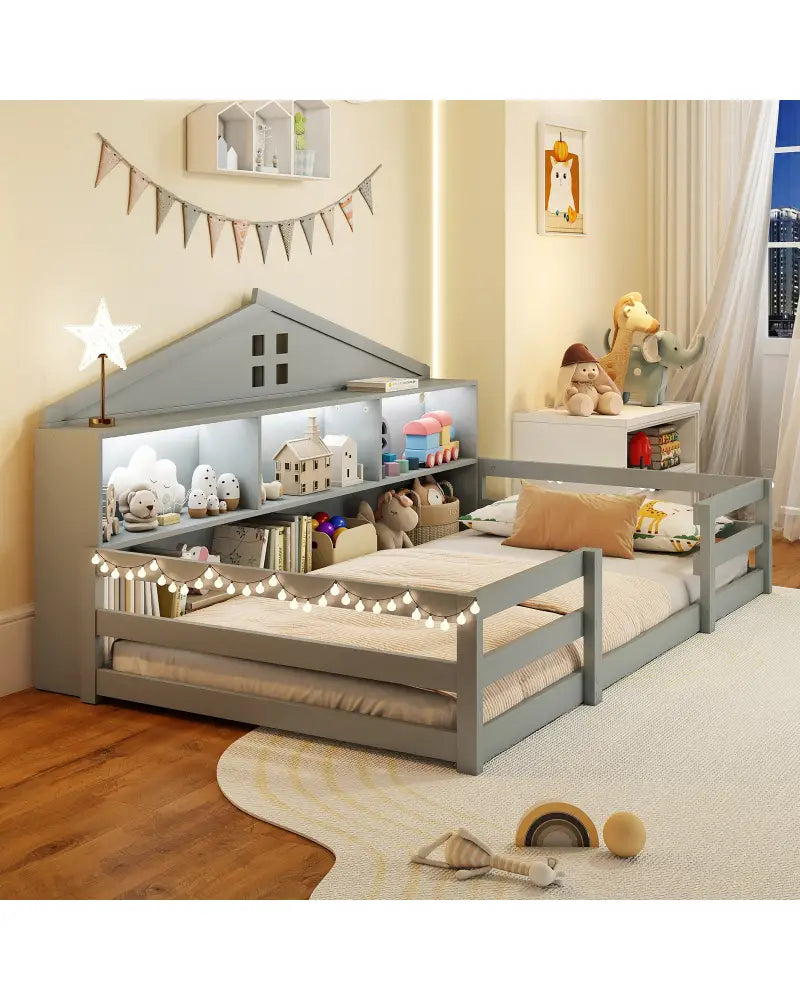 Twin Size Montessori Floor Bed with Storage Compartments and Shelf-Gray - Gray - Trundle Bed Frame