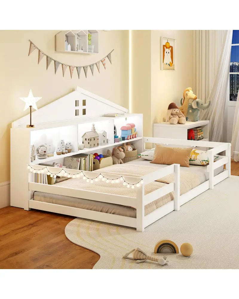 Twin Size Montessori Floor Bed with Storage Compartments and Shelf-White - White - Trundle Bed Frame