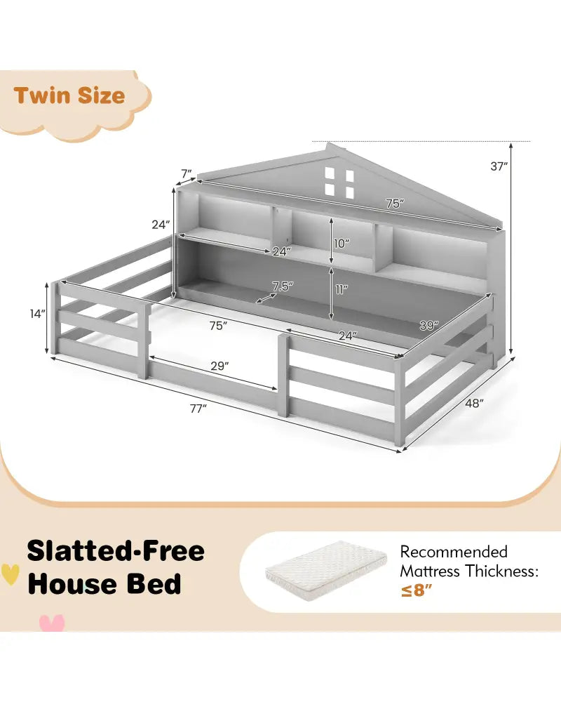 Twin Size Montessori Floor Bed with Storage Compartments and Shelf-Gray - Gray - Trundle Bed Frame