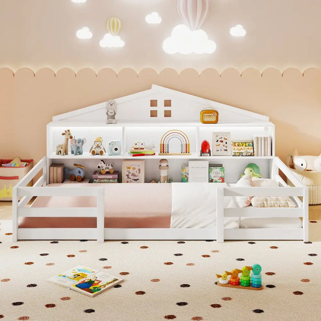 Twin Size Montessori Floor Bed with Storage Compartments and Shelf-White - White - Trundle Bed Frame