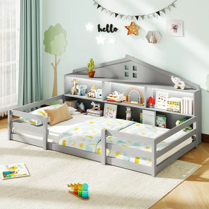 Twin Size Montessori Floor Bed with Storage Compartments and Shelf-Gray - Gray - Trundle Bed Frame