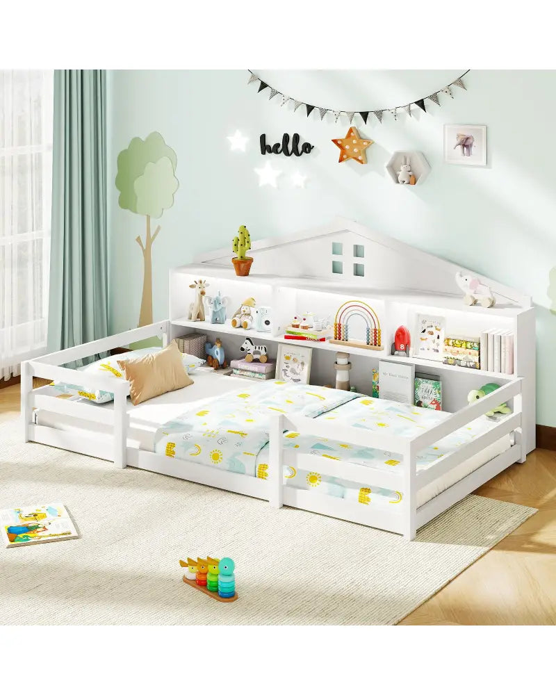 Twin Size Montessori Floor Bed with Storage Compartments and Shelf-White - White - Trundle Bed Frame
