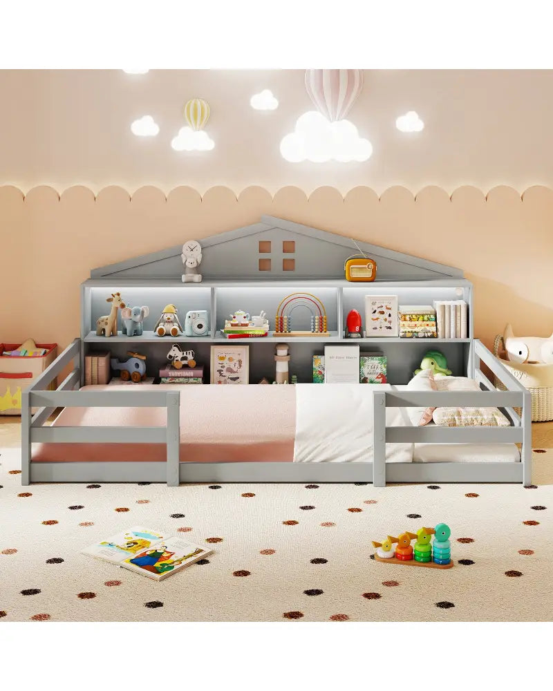 Twin Size Montessori Floor Bed with Storage Compartments and Shelf-Gray - Gray - Trundle Bed Frame