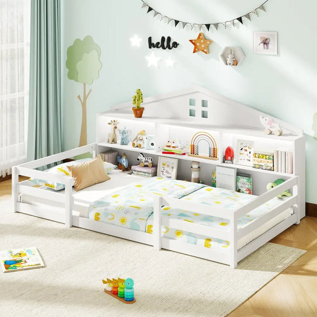 Twin Size Montessori Floor Bed with Storage Compartments and Shelf-White - White - Trundle Bed Frame