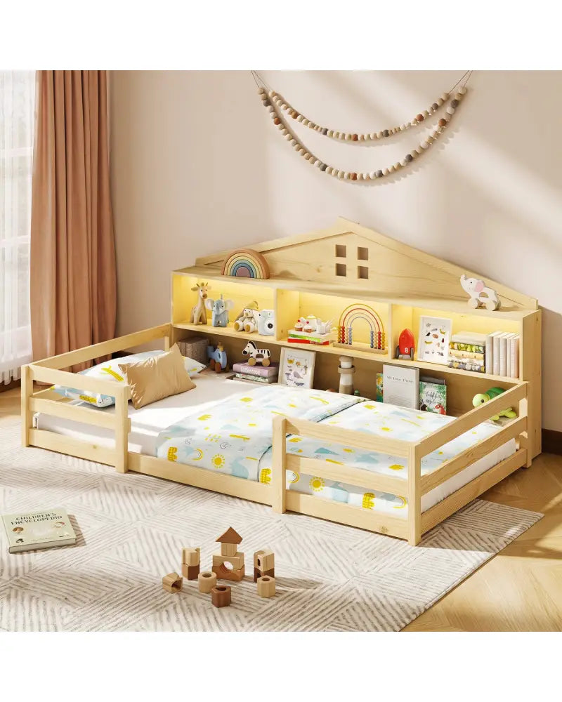 Twin Size Montessori Floor Bed with Storage Compartments and Shelf-Natural - Natural - Trundle Bed Frame