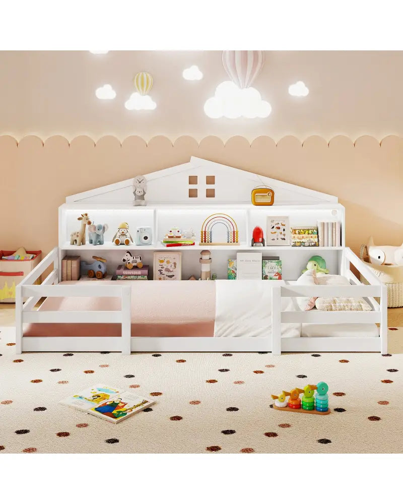 Twin Size Montessori Floor Bed with Storage Compartments and Shelf-White - White - Trundle Bed Frame