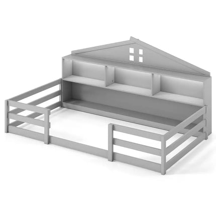 Twin Size Montessori Floor Bed with Storage Compartments and Shelf-Gray - Gray - Trundle Bed Frame