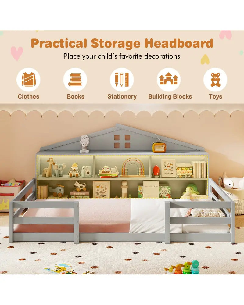 Twin Size Montessori Floor Bed with Storage Compartments and Shelf-Gray - Gray - Trundle Bed Frame