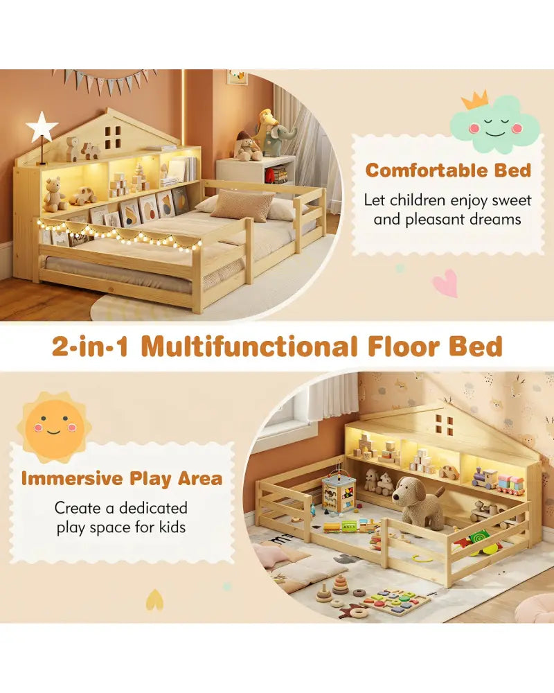 Twin Size Montessori Floor Bed with Storage Compartments and Shelf-Natural - Natural - Trundle Bed Frame
