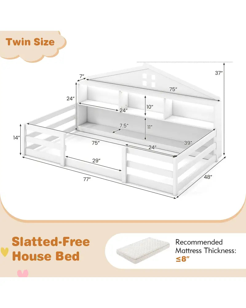 Twin Size Montessori Floor Bed with Storage Compartments and Shelf-White - White - Trundle Bed Frame