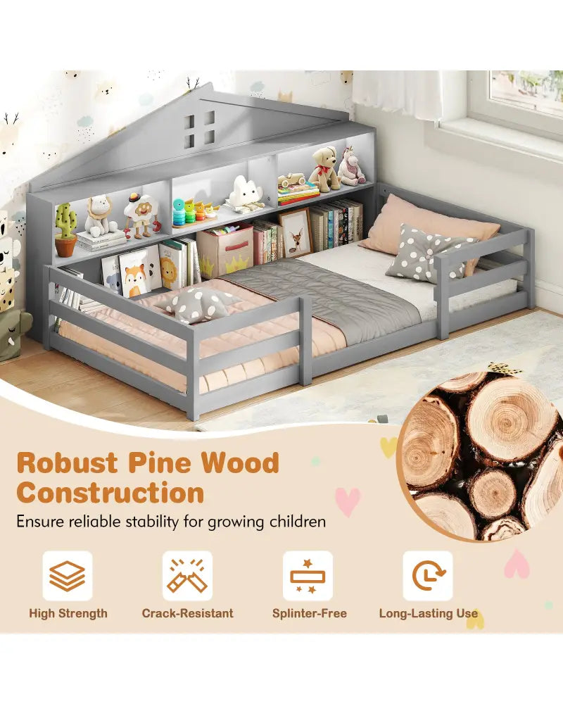 Twin Size Montessori Floor Bed with Storage Compartments and Shelf-Gray - Gray - Trundle Bed Frame
