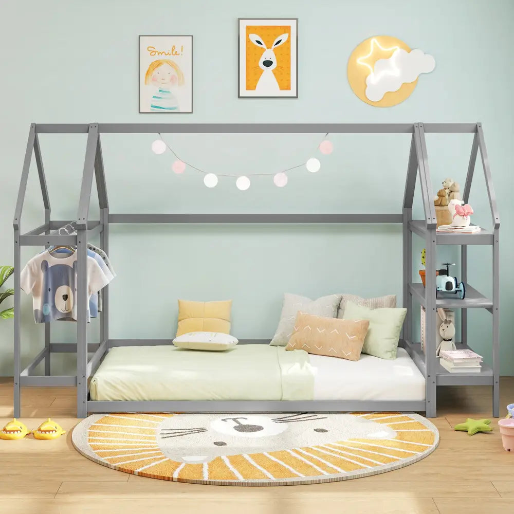 Twin Size Montessori Floor House Bed with Detachable Storage Shelves-Grey - Gray - Toddler Beds