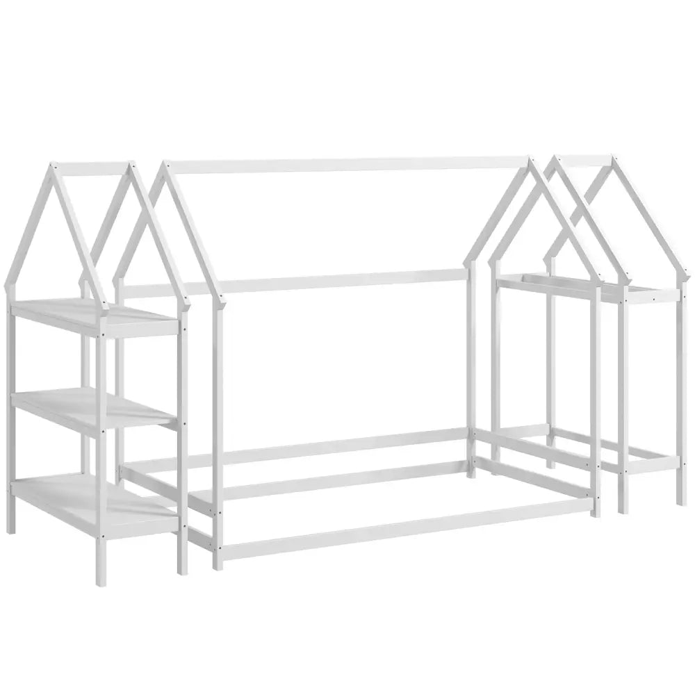 Twin Size Montessori Floor House Bed with Detachable Storage Shelves-White - White - Toddler Beds