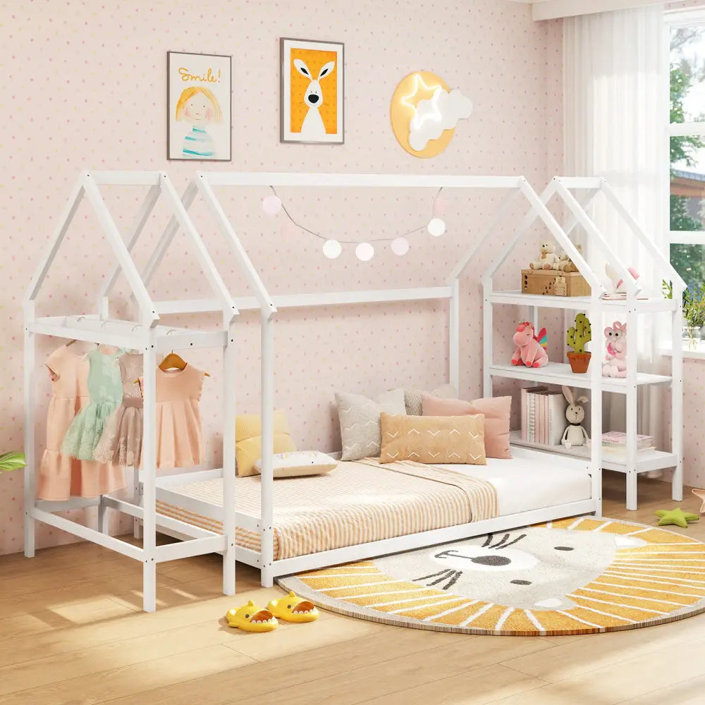 Twin Size Montessori Floor House Bed with Detachable Storage Shelves-White - White - Toddler Beds