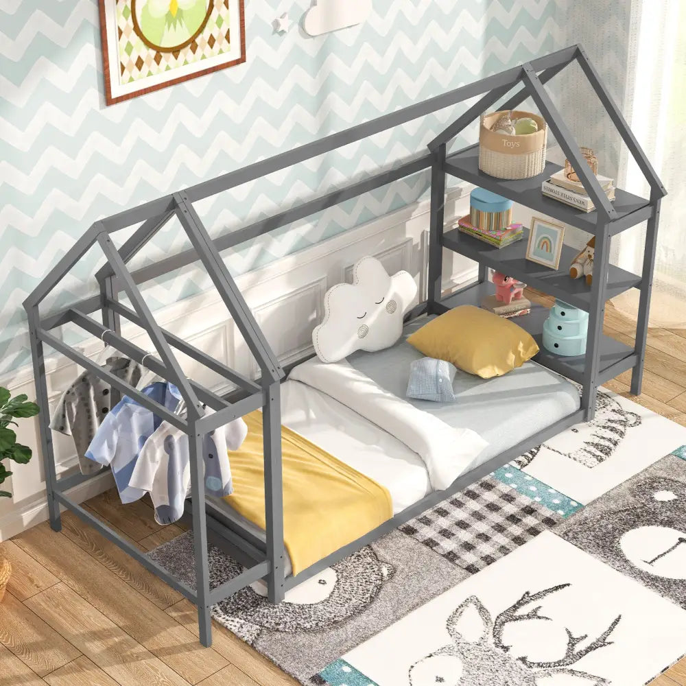 Twin Size Montessori Floor House Bed with Detachable Storage Shelves-Grey - Gray - Toddler Beds
