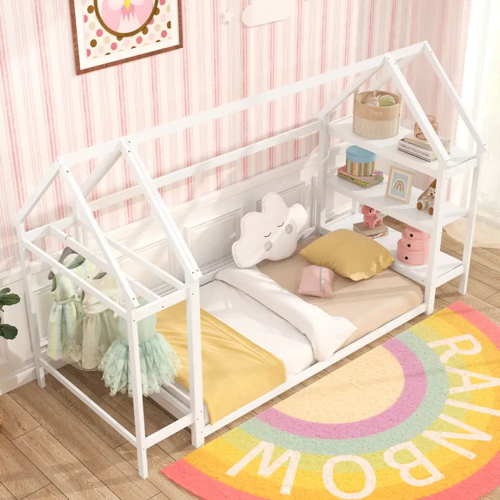 Twin Size Montessori Floor House Bed with Detachable Storage Shelves-White - White - Toddler Beds