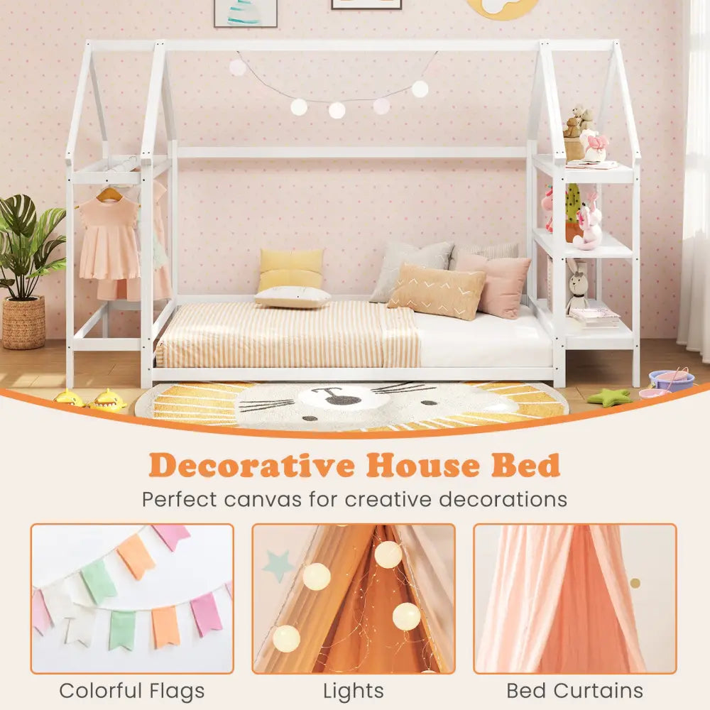 Twin Size Montessori Floor House Bed with Detachable Storage Shelves-White - White - Toddler Beds