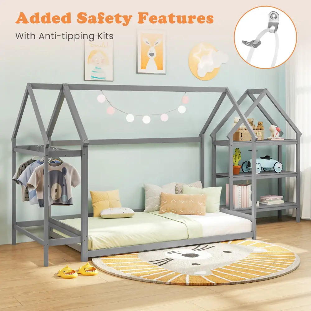 Twin Size Montessori Floor House Bed with Detachable Storage Shelves-Grey - Gray - Toddler Beds