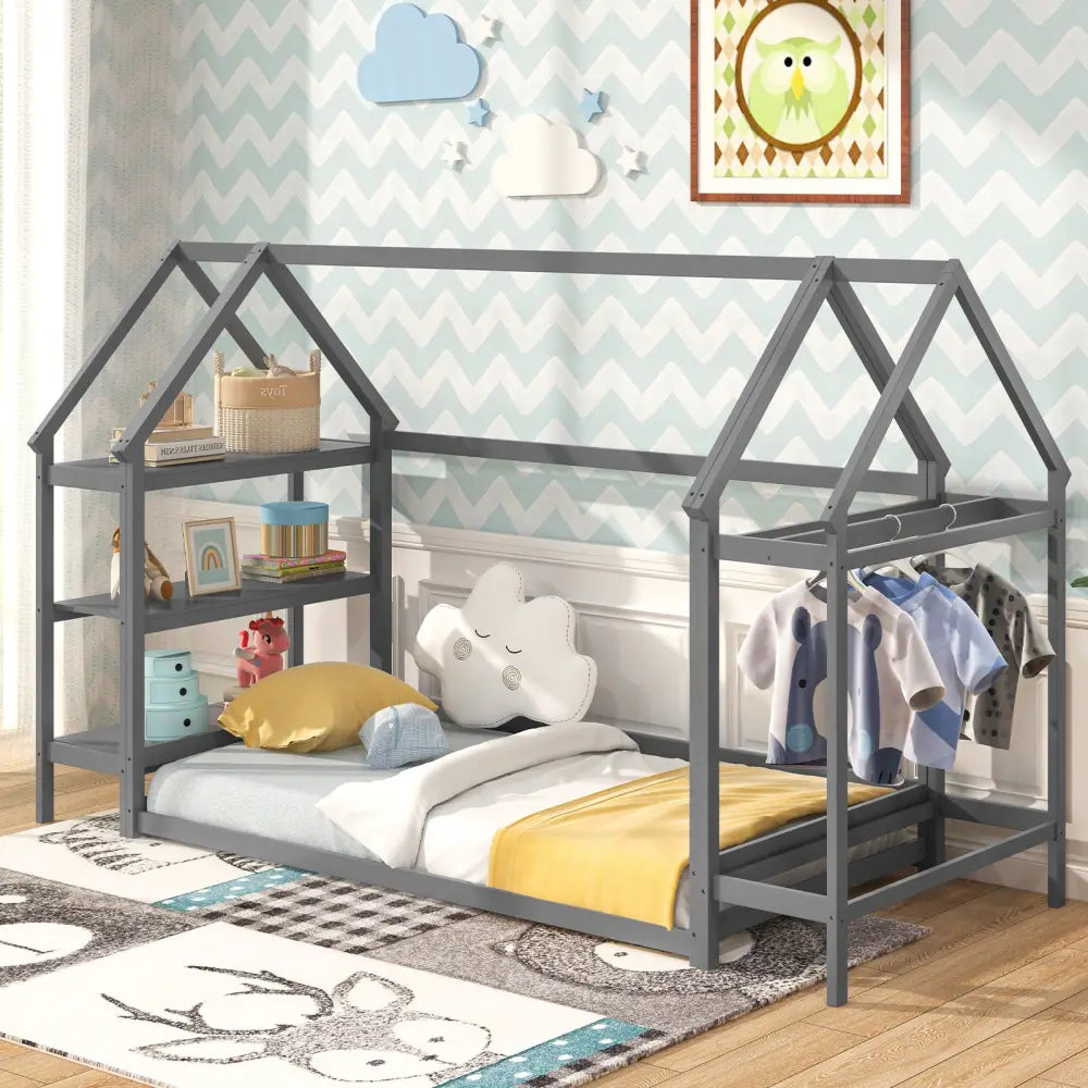 Twin Size Montessori Floor House Bed with Detachable Storage Shelves-Grey - Gray - Toddler Beds