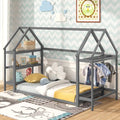 Twin Size Montessori Floor House Bed with Detachable Storage Shelves-Grey - Gray - Toddler Beds