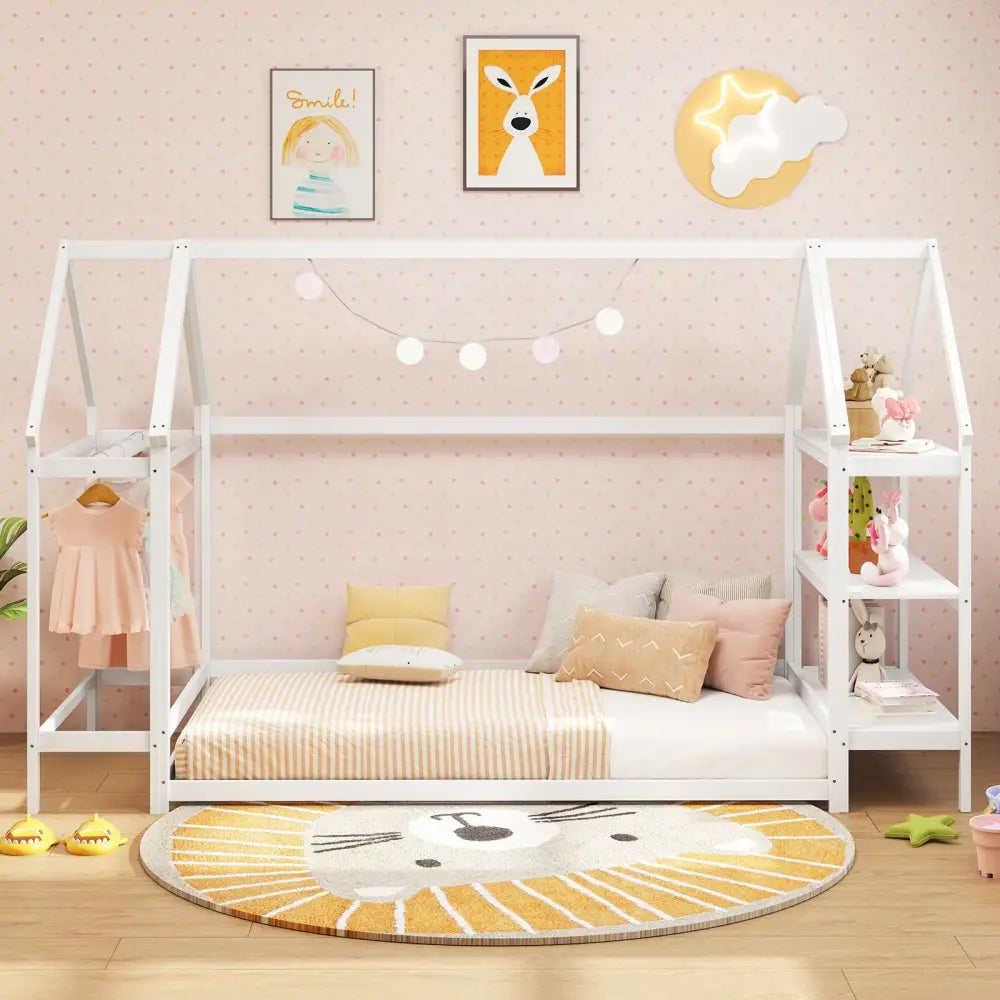Twin Size Montessori Floor House Bed with Detachable Storage Shelves-White - White - Toddler Beds