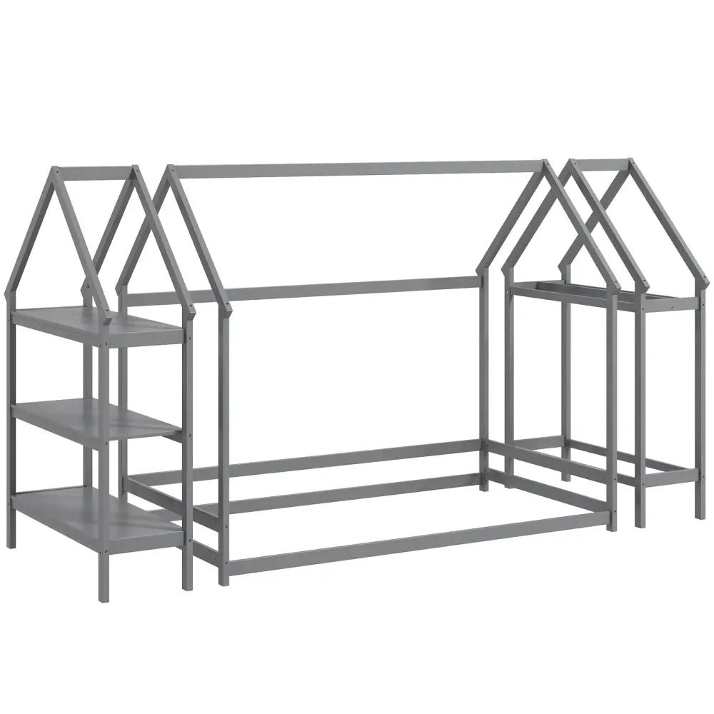 Twin Size Montessori Floor House Bed with Detachable Storage Shelves-Grey - Gray - Toddler Beds