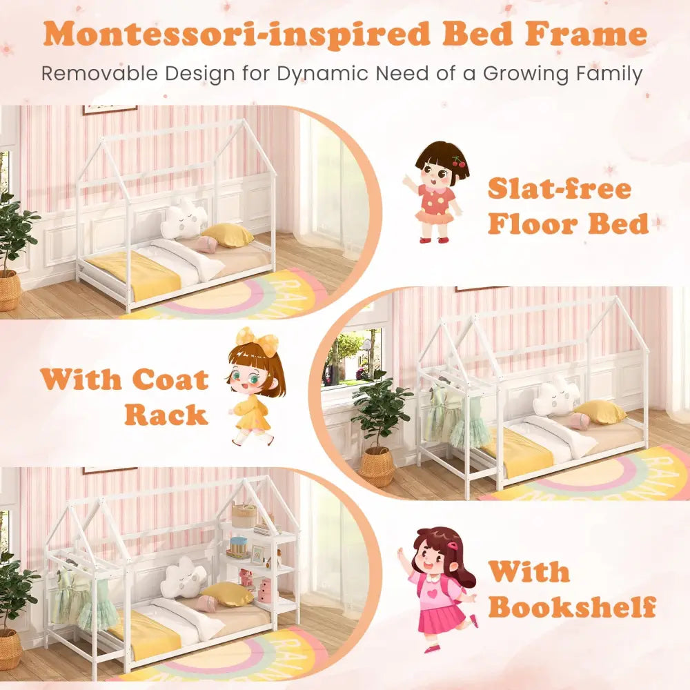 Twin Size Montessori Floor House Bed with Detachable Storage Shelves-White - White - Toddler Beds