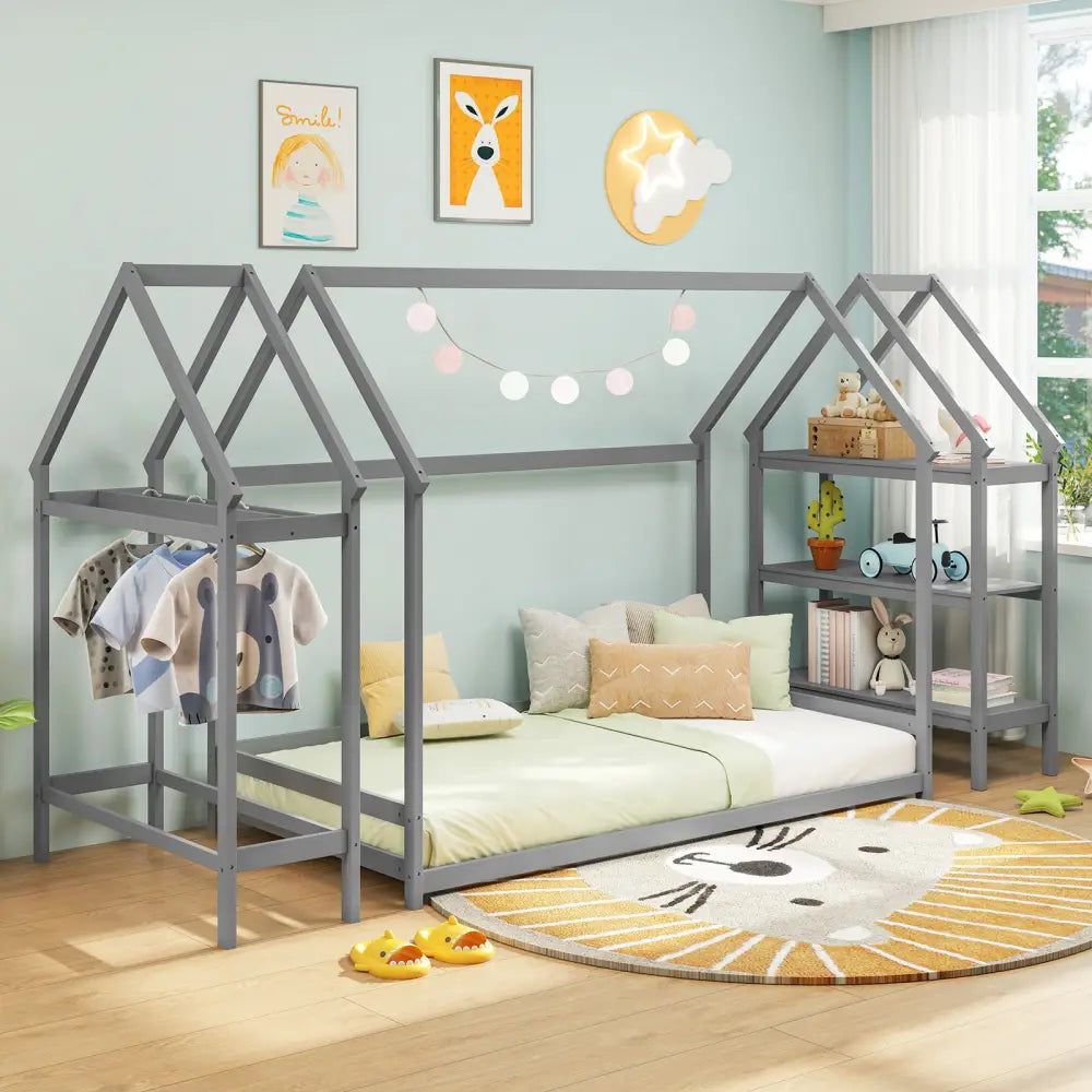 Twin Size Montessori Floor House Bed with Detachable Storage Shelves-Grey - Gray - Toddler Beds
