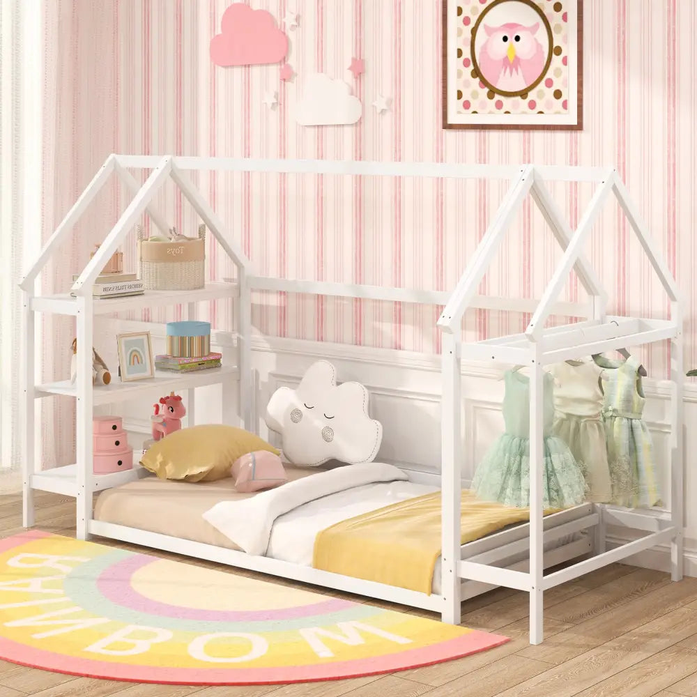 Twin Size Montessori Floor House Bed with Detachable Storage Shelves-White - White - Toddler Beds
