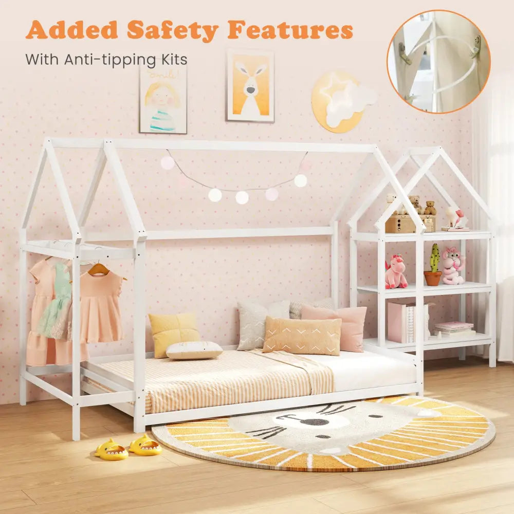 Twin Size Montessori Floor House Bed with Detachable Storage Shelves-White - White - Toddler Beds