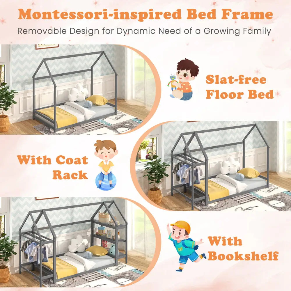 Twin Size Montessori Floor House Bed with Detachable Storage Shelves-Grey - Gray - Toddler Beds
