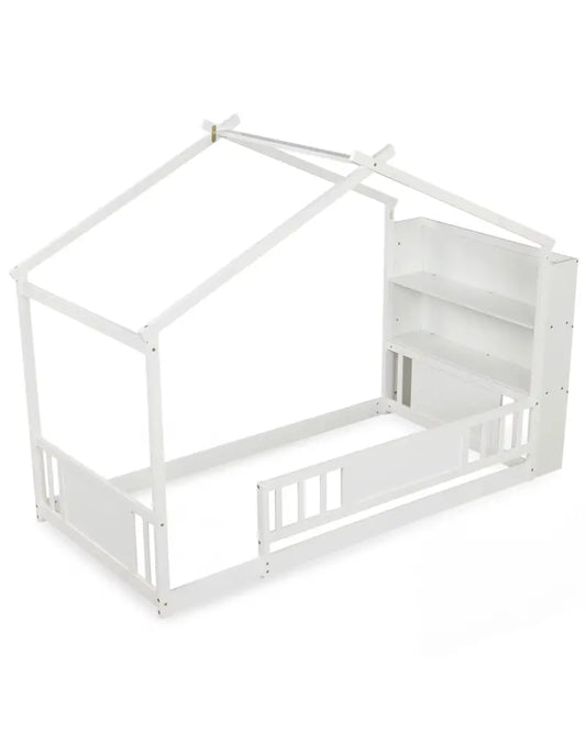 Twin size Montessori House Bed with Storage Bookshelf and Roof Safety Guardrail for Bedroom - Trundle Bed Frame