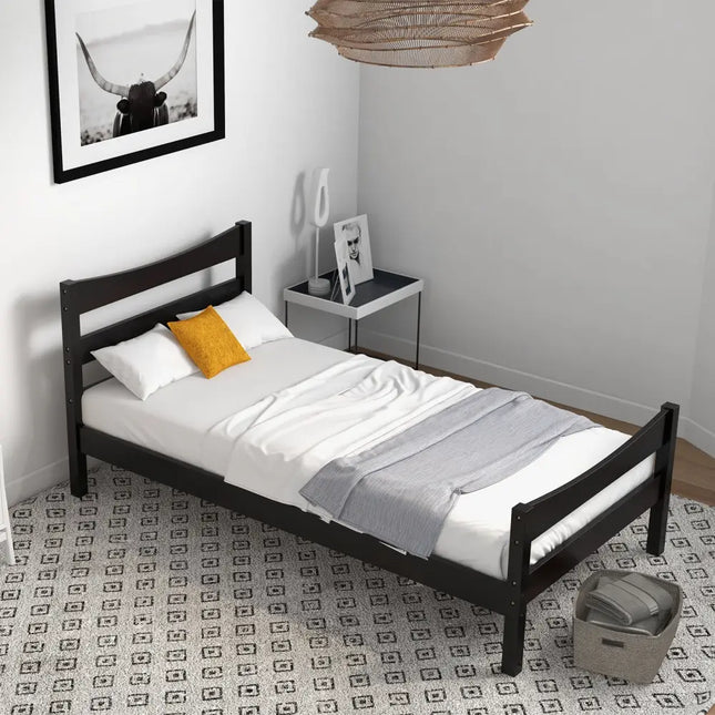 Twin Size Platform Bed Frame Foundation Slat Support -Dark Brown - Dark Brown - Simple Bed Frame