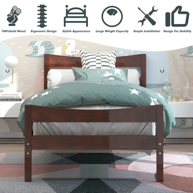 Twin Size Platform Bed Frame Foundation Slat Support -Walnut - Walnut - Simple Bed Frame